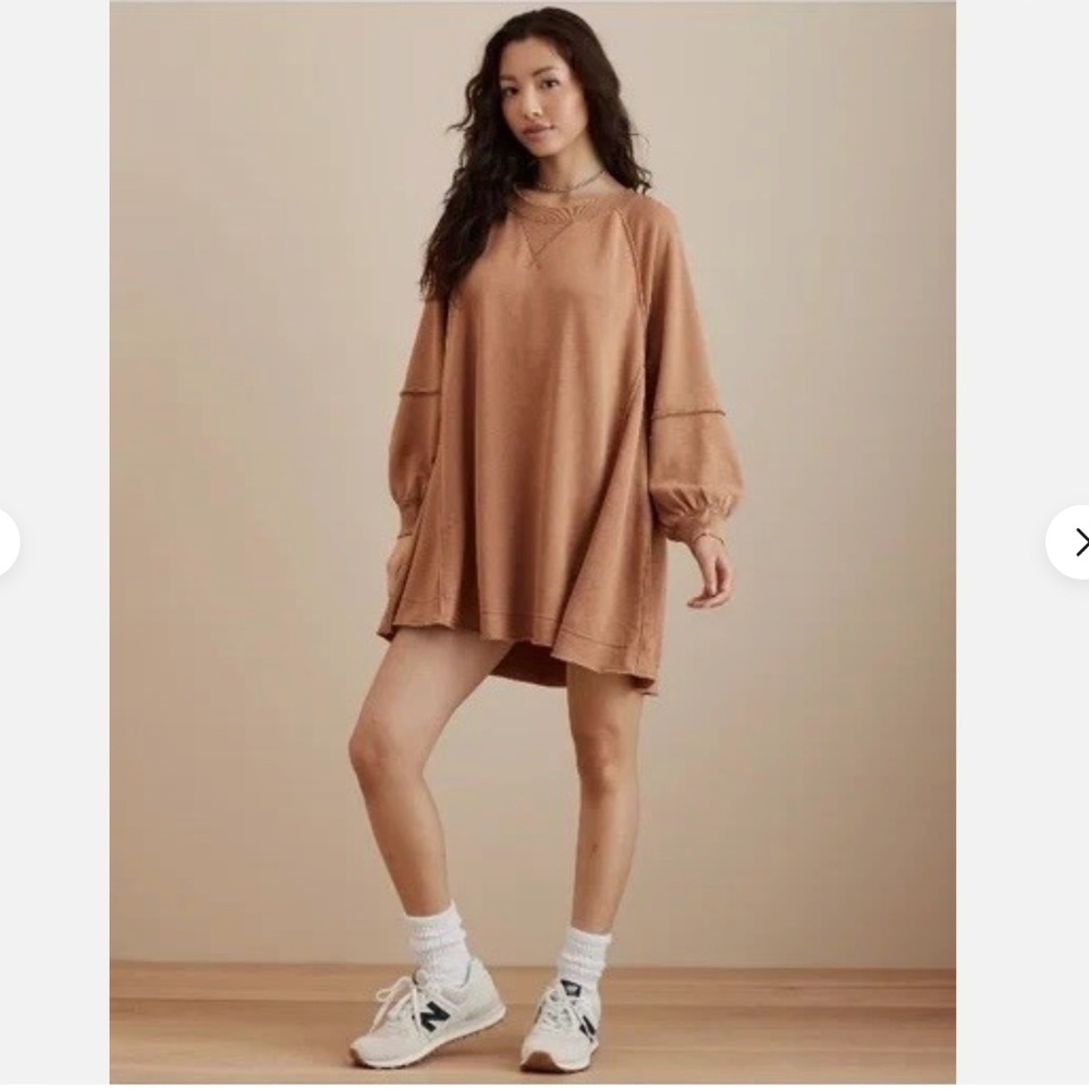 American Eagle Oversized Sweatshirt Dress XS Puff Sleeve Brown Lounge Beach Boho